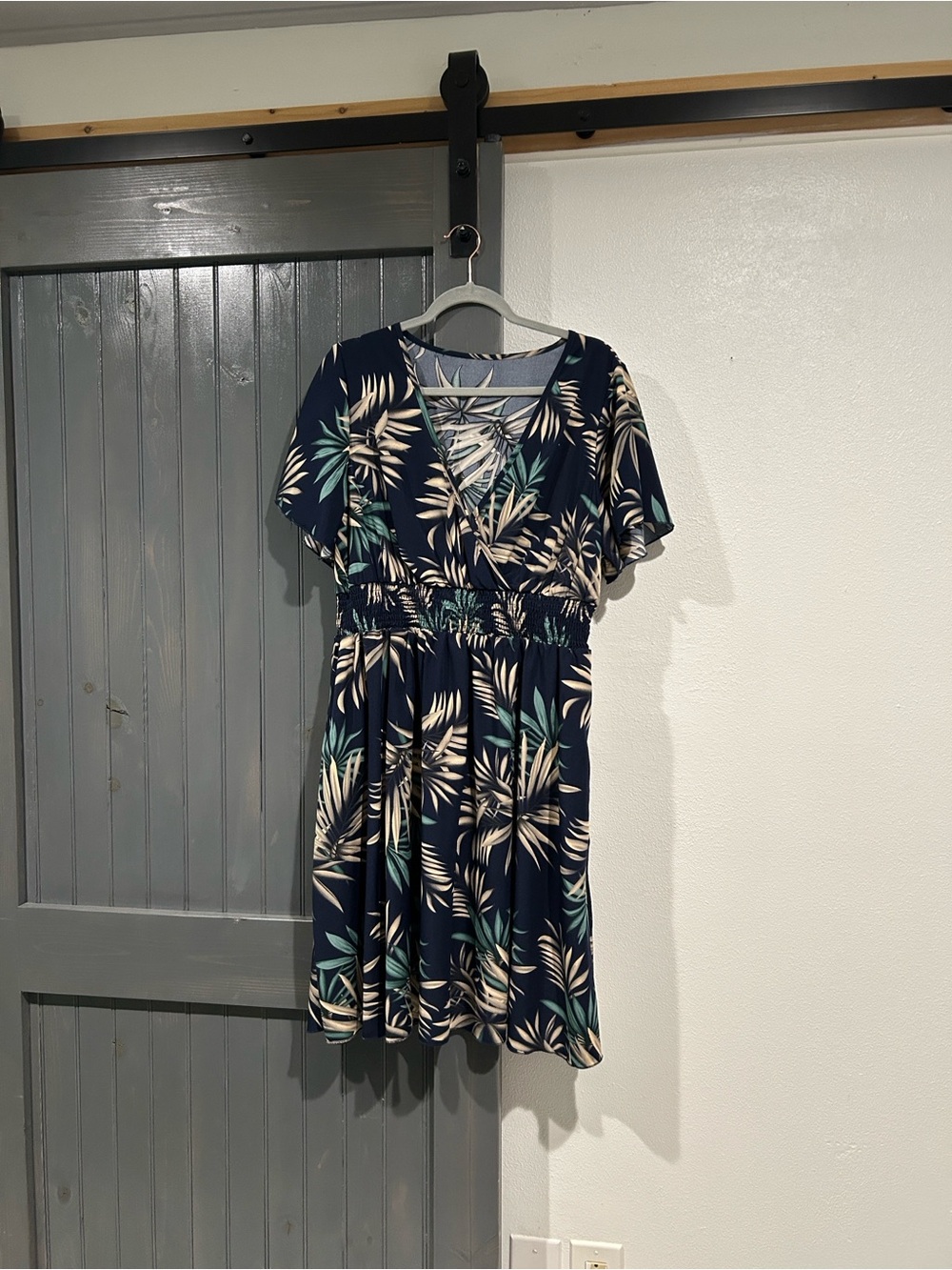 SHEIN Navy Tropical Midi Dress with Cream & Teal Leaf Print